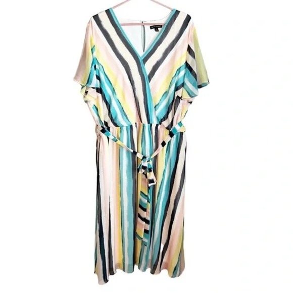LANE Bryant Watercolor Stripe Tie‎ Waist Midi Dress plus size 22 - Picture 2 of 9